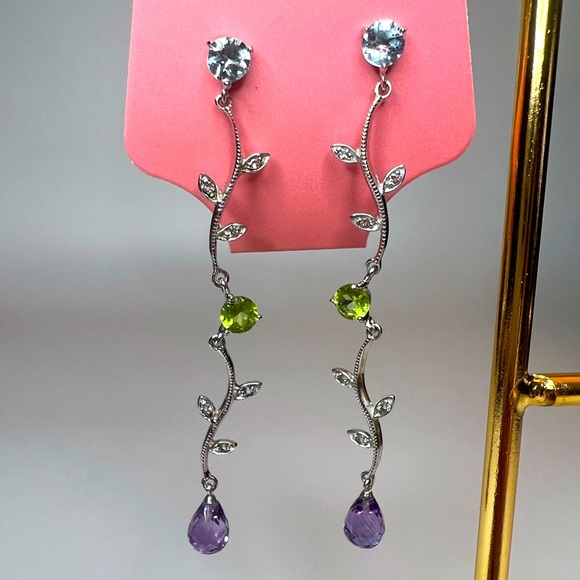 Sterling Silver 925 Vine Dangling Earrings Amethyst Peridot Aquamarine Gemstones - Picture 1 of 2